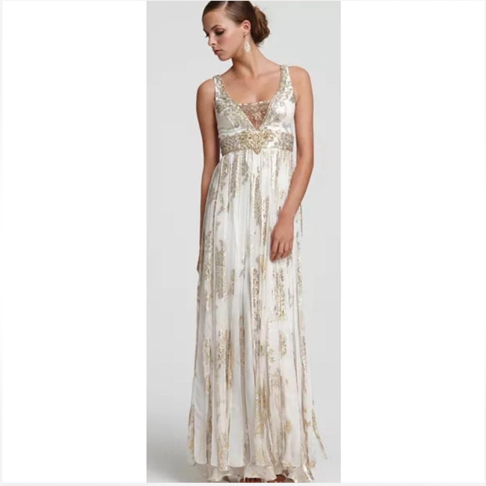 Sue Wong White & Gold Embellished Fabric Strip Skirt Gown